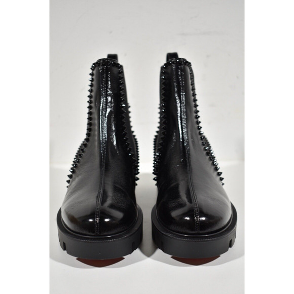 Christian Louboutin Out Lina Spike Lug Flat Black Patent Chelsea Ankle Boot 37.5 - Picture 5 of 12